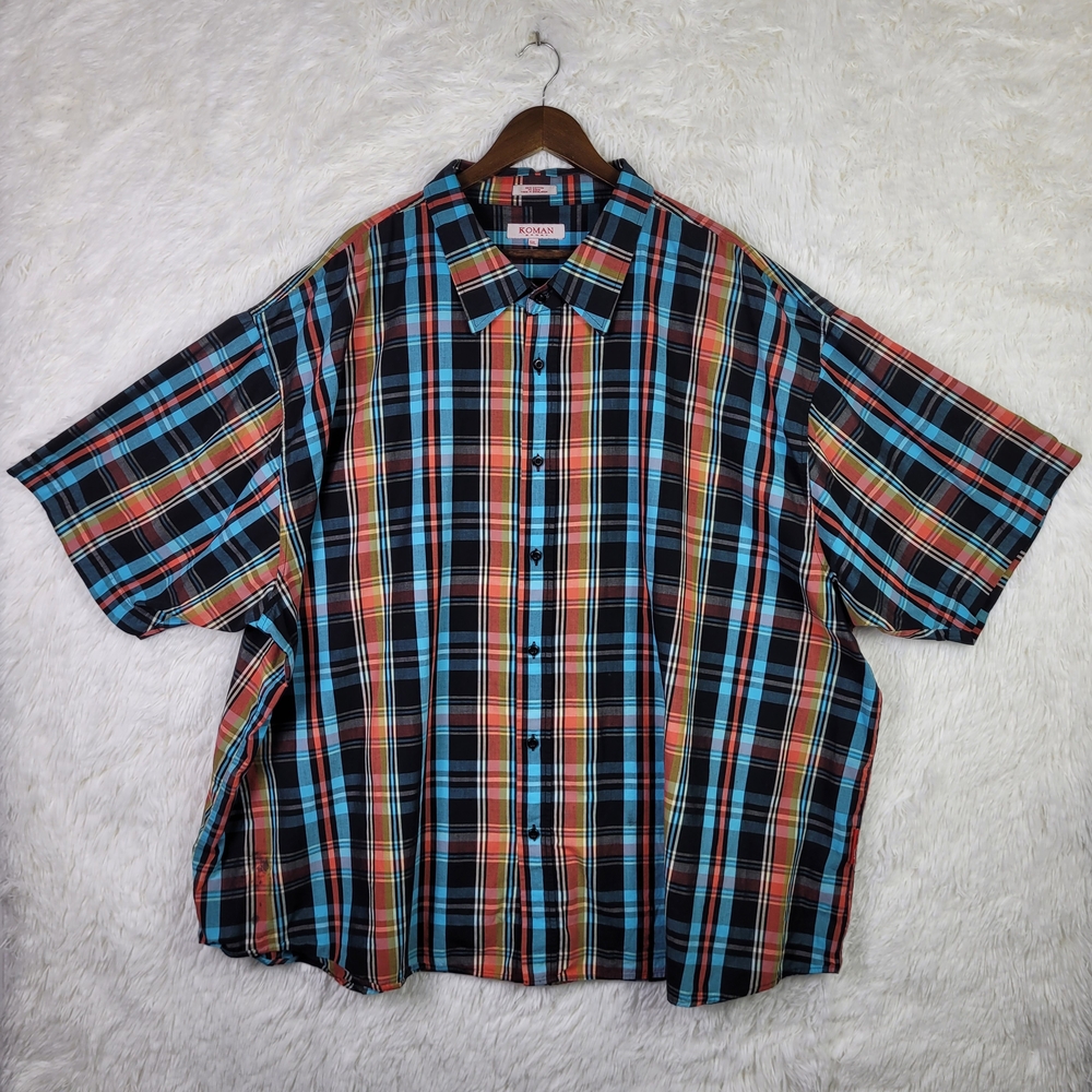 5XL Koman Sport Men's Blue & Orange Plaid Button‎ Up Shirt Y2K Madras